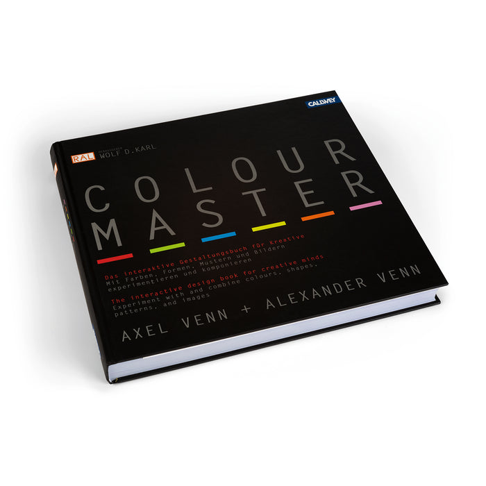 The RAL Colour Master: The Interactive Designbook for Creatives hardback book by Axel Venn and Alexander Venn. It has a black cover with typography and inside has English and German text.