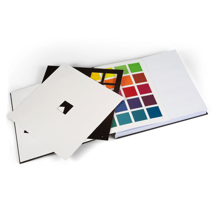 The RAL Colour Master: The Interactive Designbook for Creatives hardback book by Axel Venn and Alexander Venn. This page shows colour samples on paper being viewed through colour templates.