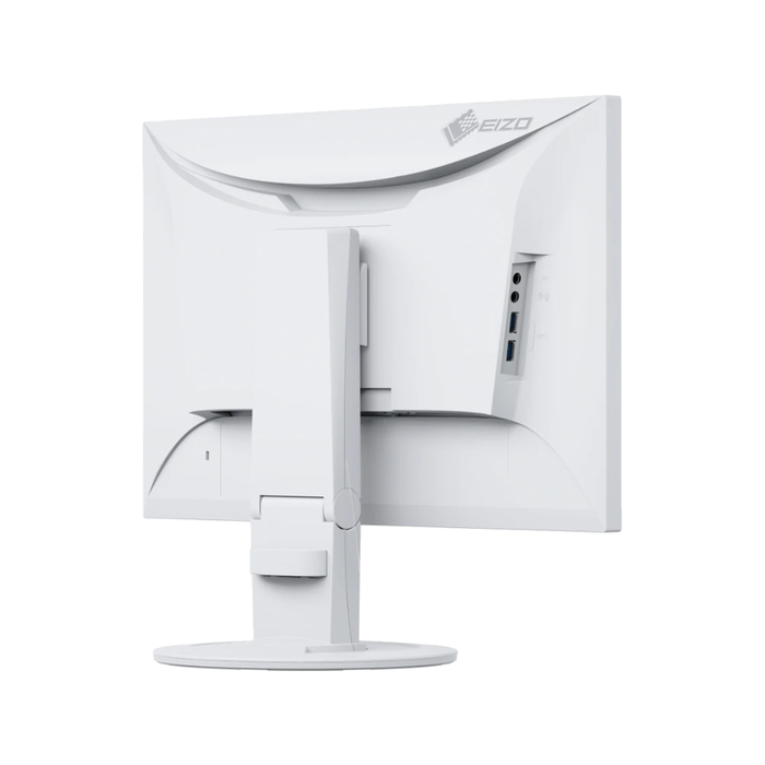 The EIZO FlexScan EV2360-WT 23 Inch Full HD Monitor in white shown from the back with two USB ports on an adjustable base.