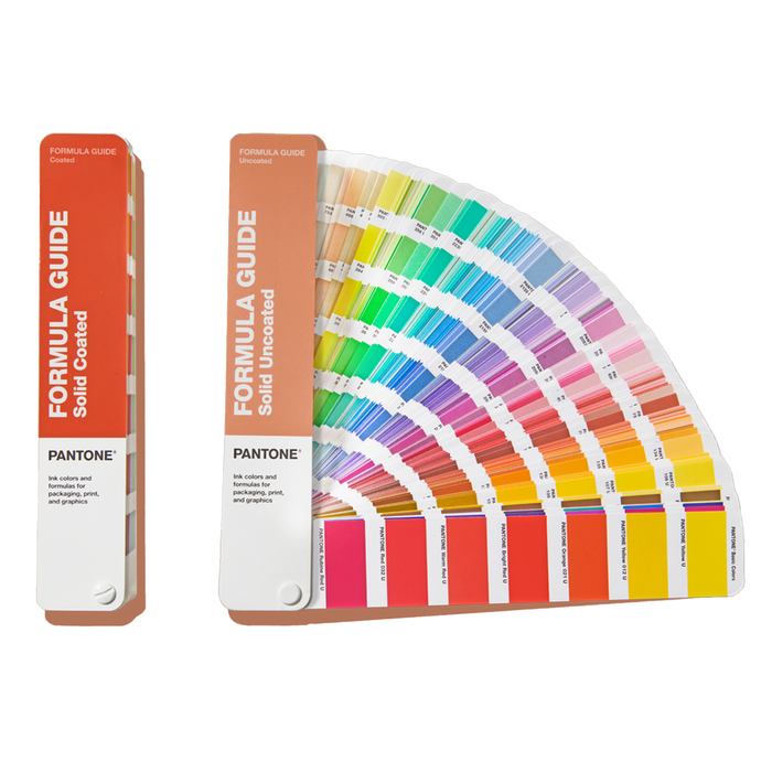 Fanned out PANTONE Formula Guide fan showing colour patches and ink mixing formulations for matching and sharing colours with your design team.