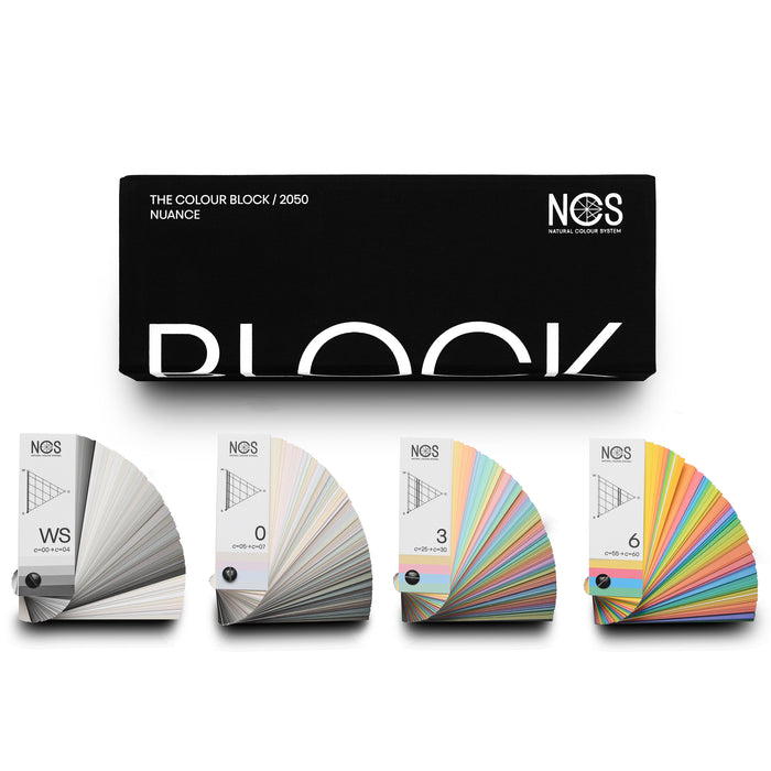 The NCS Block 2050 colour reference box containing four small colour fans, working with colour combinations, ideal for selecting and comparing colour palettes in stores, showrooms and studios.