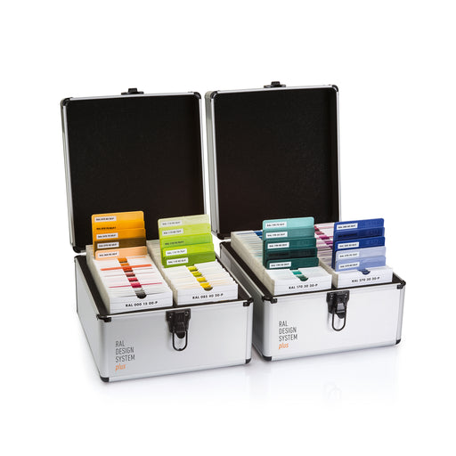 Set of two sturdy hard cases housing the RAL P2 Plastic samples, each within its own information sleeve and labelled with their corresponding colour code.