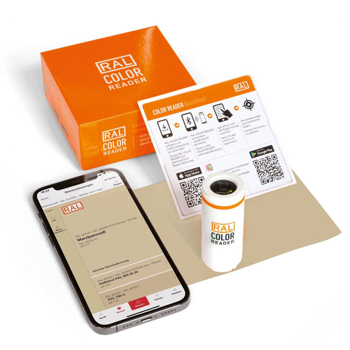 The RAL Color Reader device shown next to its orange box. The RAL Color Reader is used by interior designers to match colours from a surface to their corresponding RAL colour and connects via bluetooth to your mobile phone via an app.