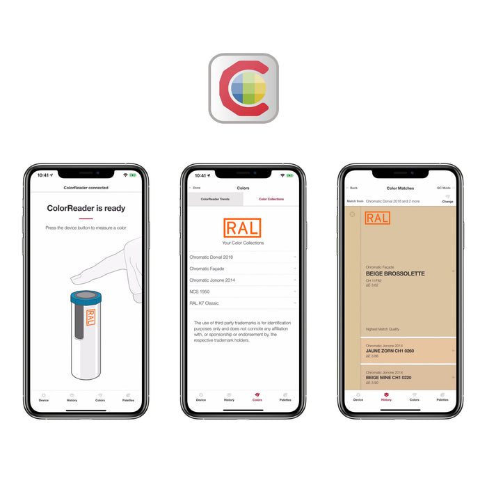 The RAL ColorReader App showing how the app presents colours on a mobile phone screen after measurement from a surface with the RAL Color Reader device.