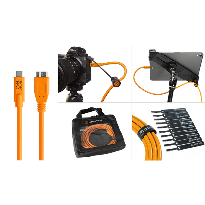 Tether Tools Starter Tethering Kit - TetherPro USB-C to 3.0 Micro-B, 15' (4.6m), High-Visibility Orange (Incl. USB Flat Mount Computer Support)