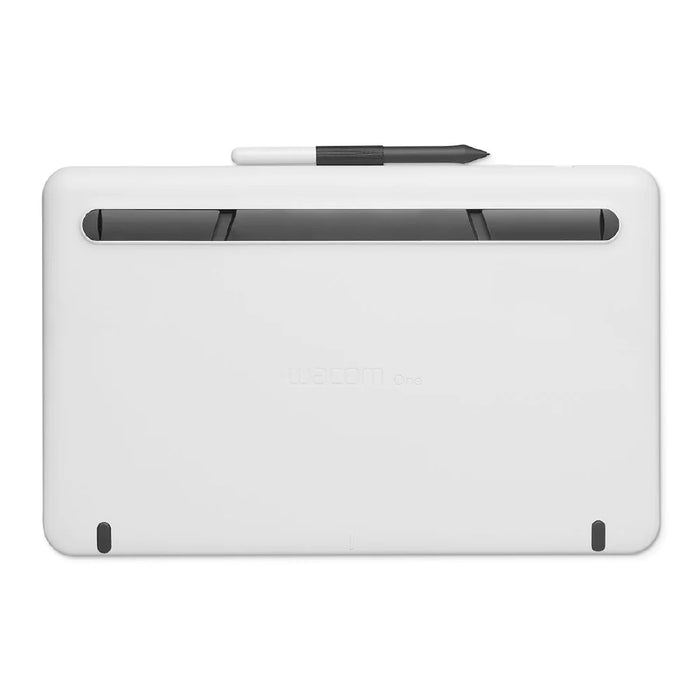 Wacom One Creative Pen Display Graphics Tablet shown from the back. There are feet to stop it from sliding on the desk and a housing for the pen.