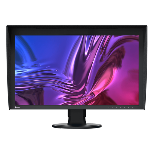 EIZO ColorEdge CG2700S 27-inch Monitor in black shown from the front with monitor hood and a swirly graphic on the screen.