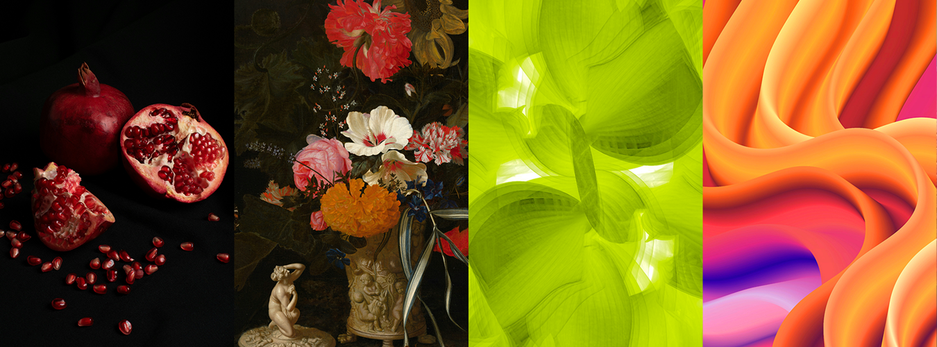 Four-panel collage showing pomegranates on black fabric, a floral still-life painting, lime-green abstract shapes and flowing orange, pink and purple waves.