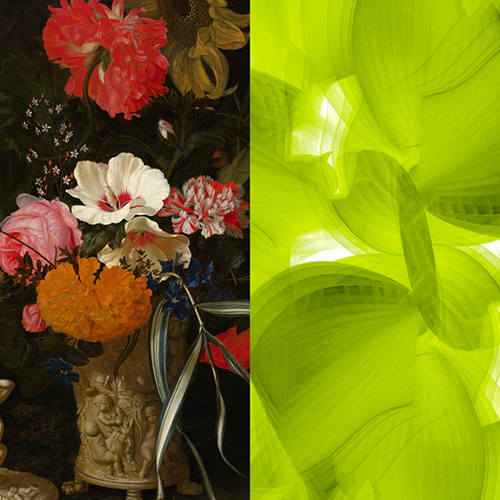 Four-panel collage showing pomegranates on black fabric, a floral still-life painting, lime-green abstract shapes and flowing orange, pink and purple waves.