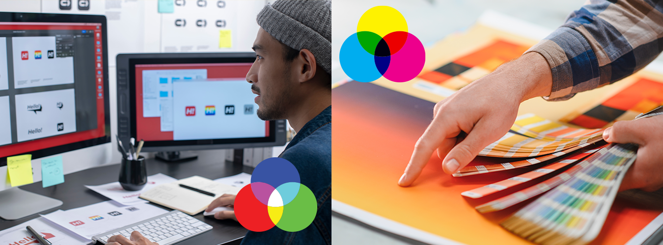 Designer working on screen graphics beside a print color swatch, showing the difference between digital and print color design.