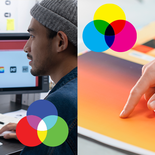 Designer working on screen graphics beside a print color swatch, showing the difference between digital and print color design.