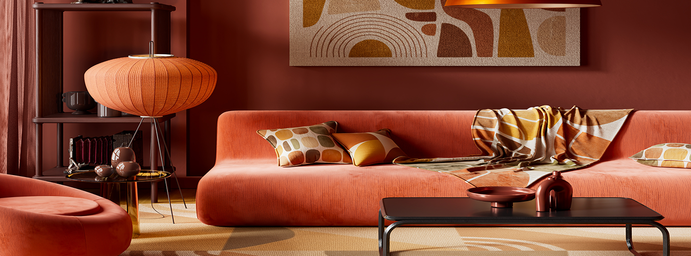Retro-styled living room with a burnt orange velvet sofa, patterned cushions and throw blanket, a rounded rattan-shade floor lamp, dark wood shelving, and an abstract arch-patterned wall art above the sofa.