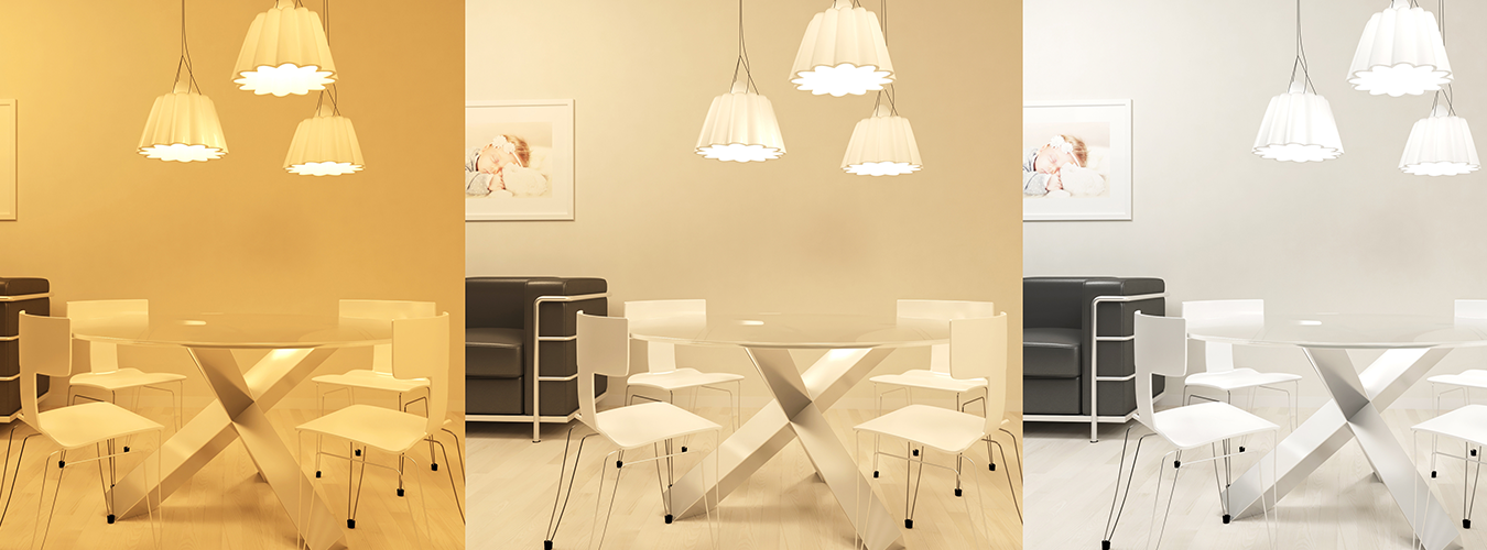 Modern dining room with warm, neutral, and cool lighting comparison over table and chairs