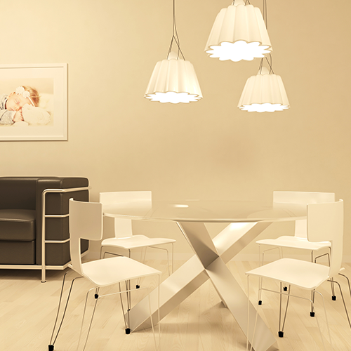 Modern dining room with warm, neutral, and cool lighting comparison over table and chairs