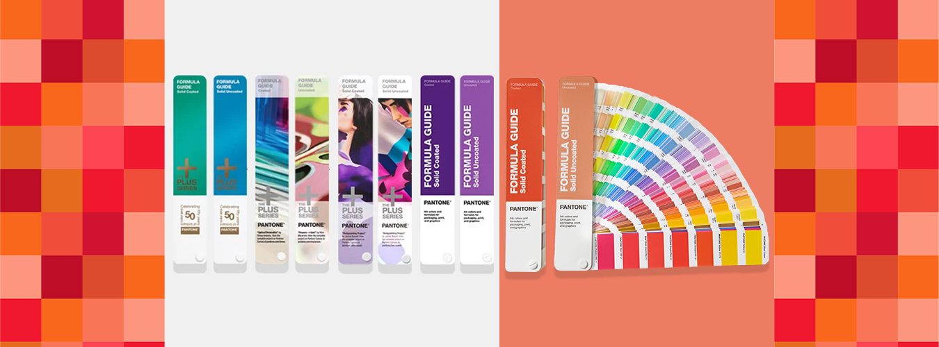 Pantone Formula Guide packaging and color fan deck displayed side‑by‑side, showing multiple Pantone color matching guides and swatch books on a gray and coral background with red‑orange pattern accents.