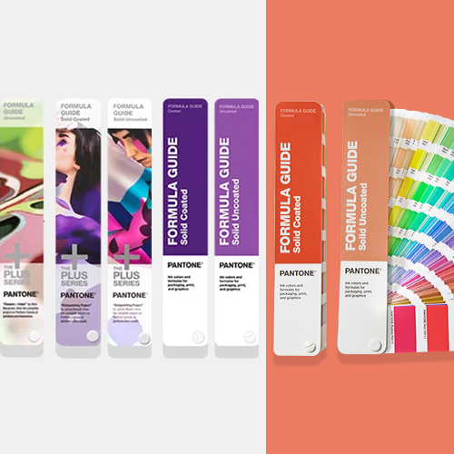 Pantone Formula Guide packaging and color fan deck displayed side‑by‑side, showing multiple Pantone color matching guides and swatch books on a gray and coral background with red‑orange pattern accents.