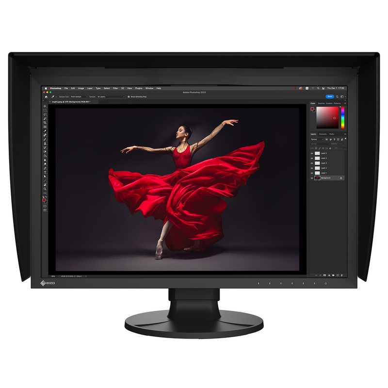EIZO ColorEdge CG2400S monitor and shading hood, displaying an image of a dancer in a red dress within the Adobe Photoshop interface on a white background.