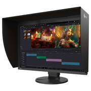 EIZO monitor with shading hood, displaying video editing software with a fantasy-themed scene on a white background.