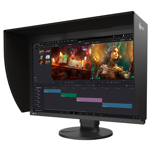 EIZO monitor with shading hood, displaying video editing software with a fantasy-themed scene on a white background.