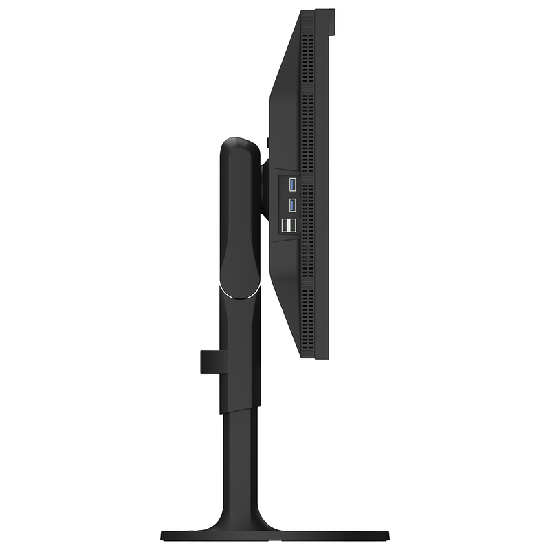 Black EIZO computer monitor on a white background showing USB ports.