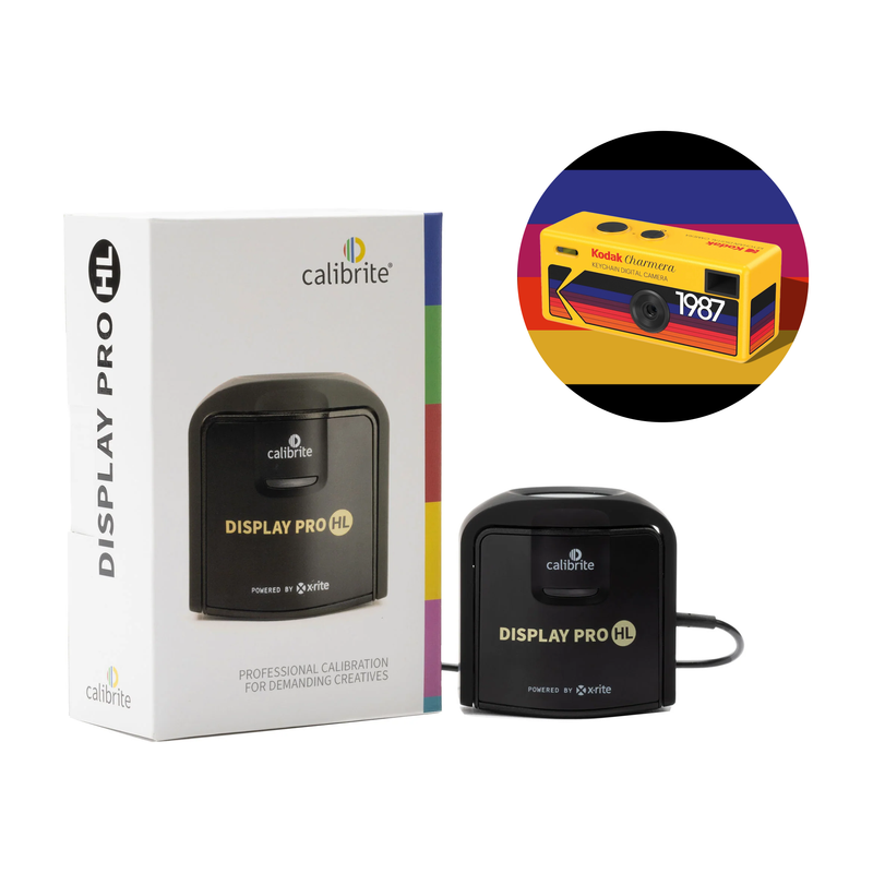 Calibrate Display Pro HL device with packaging and an overlay showing the Kodak Charmera Keychain Camera.