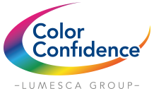 Color Confidence's Logo which features the words "Color Confidence" in blue typography surrounded by a colour spectrum. Underneath is Color Confidence's parent company, LUMESCA Group Limited.