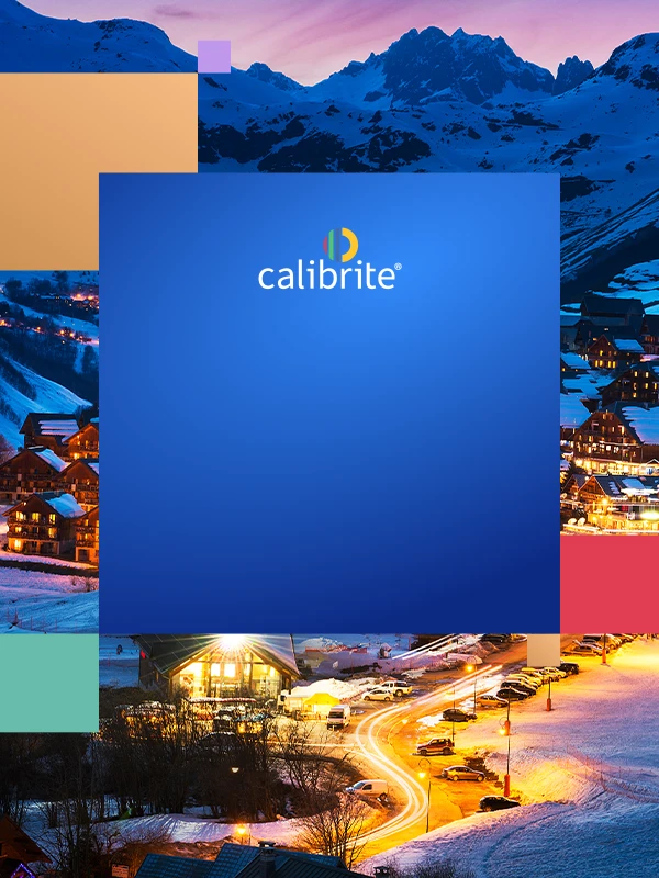 Snowy mountain village at night with illuminated buildings and Calibrite logo.