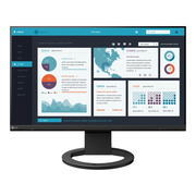 An image of the EIZO FlexScan EV2490 24 Inch Full HD Monitor in black from the front. On the screen is an infographic showing various metrics.
