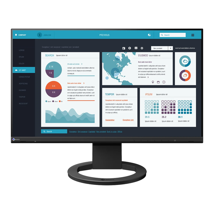 An image of the EIZO FlexScan EV2490 24 Inch Full HD Monitor in black from the front. On the screen is an infographic showing various metrics.