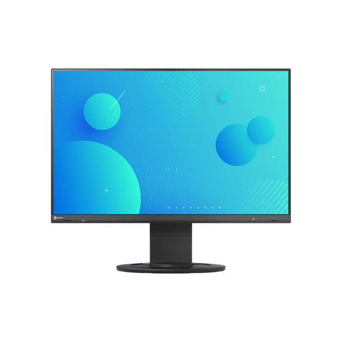 The EIZO FlexScan EV2360 23 Inch Full HD Monitor in black shown from the front with a graphic on the screen and an adjustable base.