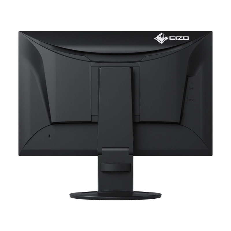 The EIZO FlexScan EV2360 23 Inch Full HD Monitor in black shown from the side with two USB ports on an adjustable base.