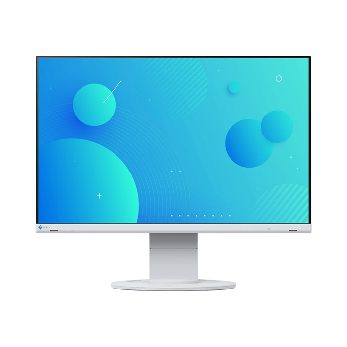 The EIZO FlexScan EV2360-WT 23 Inch Full HD Monitor in white shown from the front with a graphic on the screen and an adjustable base.
