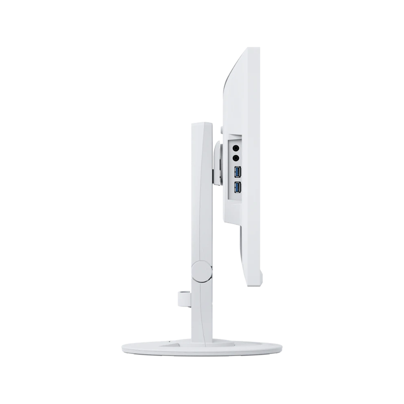 The EIZO FlexScan EV2360-WT 23 Inch Full HD Monitor in white shown from the side with two USB ports on an adjustable base.