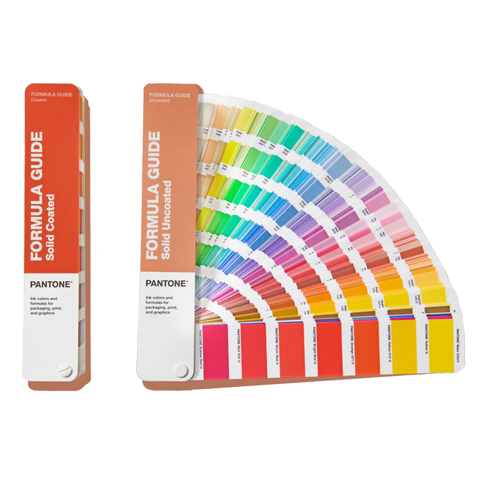 Fanned out PANTONE Formula Guide fan showing colour patches and ink mixing formulations for matching and sharing colours with your design team.