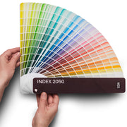 The NCS INDEX 2050 colour fan guide from the Natural Colour System, showing a person fanning the guide out to browse paper colour samples.