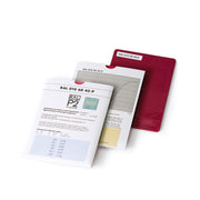 A  RAL P2 polypropylene plastic chip sample in red labelled RAL 010 30 44-P, shown with its sleeve which includes technical information about the sample.