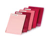 A selection of RAL P2 polypropylene plastic chip samples, in various complimentary pink and red shades. Colours shown include RAL 010 80 20-P. RAL 010 30 44-P, RAL 010 60 45-P, RAL 010 40 53-P and RAL 010 40 53-P-T.