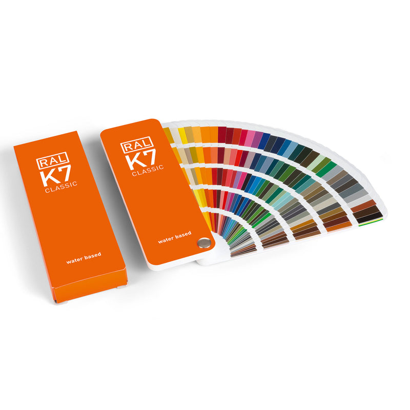 The RAL CLASSIC K7 colour guide shown next to its cardboard slipcase with the wording "water based" presented on the front of the packaging to show that the colours included are now water based.
