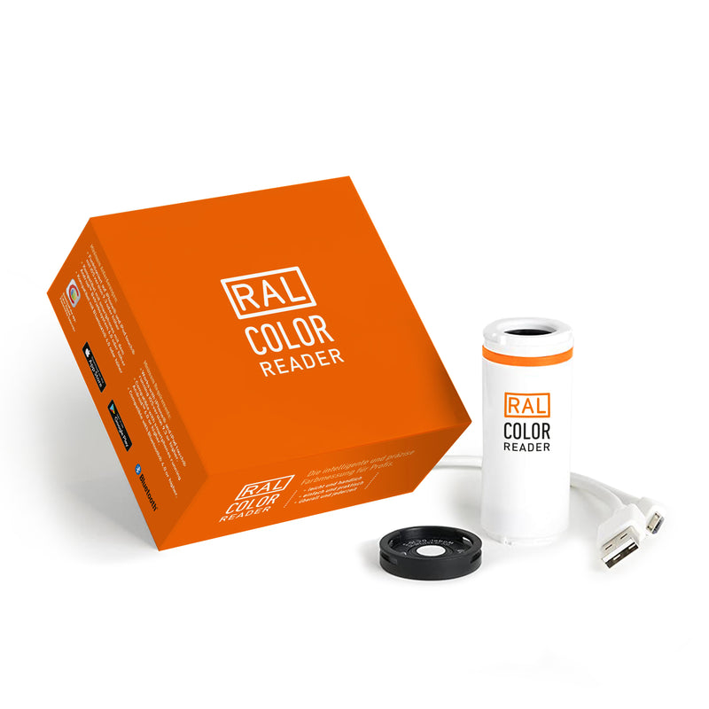 The RAL Color Reader device shown next to its orange box. The RAL Color Reader is used by interior designers to match colours from a surface to their corresponding RAL colour and connects via bluetooth to your mobile phone via an app.