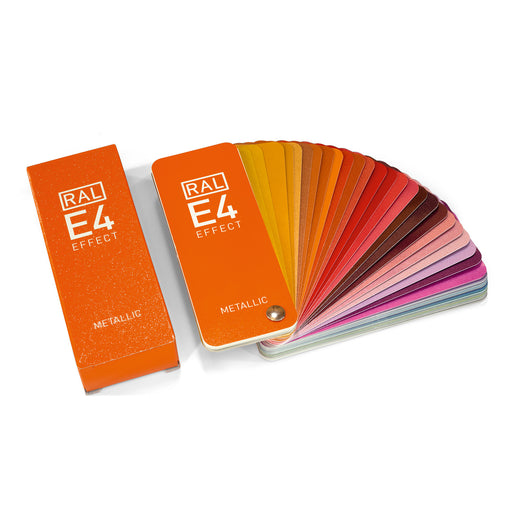 The RAL EFFECT E4 colour guide fanned out for browsing metallic colour samples. One colour is shown per fanned out page and it is shown next to its protective box.