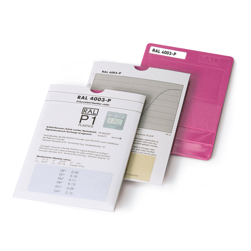 A  RAL P1 polypropylene plastic chip sample in pink labelled RAL 4003-P, shown with its sleeve which includes technical information about the sample.
