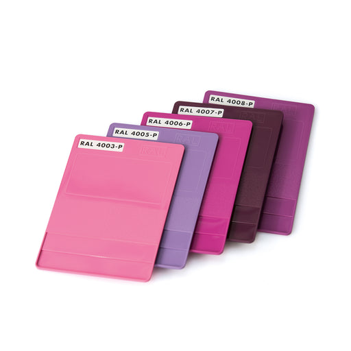 A selection of RAL P1 polypropylene plastic chip samples, in various complimentary pink and purple shades. Colours shown include RAL 4003-P, 4005-P, 4006-P, 4007-P and 4008-P.