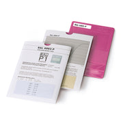 A  RAL P1 polypropylene plastic chip sample in pink labelled RAL 4003-P, shown with its sleeve which includes technical information about the sample.