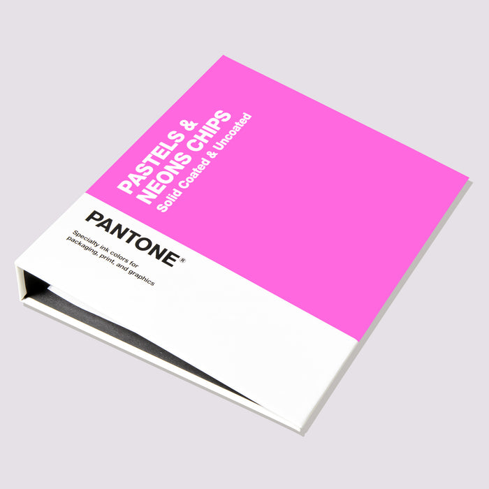 The PANTONE Pastels & Neons Chips binder which has a bright pink cover and text that reads "Speciality ink colors for packaging, print and graphics".