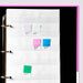 Paper colour chip samples in a sample organiser page inside the ring binder for the PANTONE Pastels & Neons Chip Book. Each sample can be moved around and reorganised inside the binder for comparison of colours.