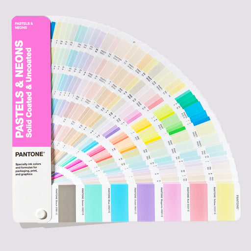 A PANTONE Pastels & Neons Solid Coated & Uncoated colour guide fanned out with solid colours showing.