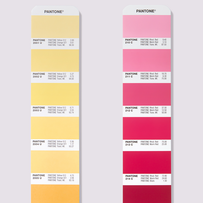 Detail of the PANTONE Formula Guide fan pages showing colour patches on paper with PANTONE colour code and ink formulations.