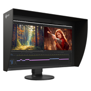 Eizo ColorEdge CG2700X 27 inch Monitor in black shown from a 45 degree angle with its monitor hood. On the screen, design software is being used for video editing.
