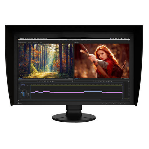 Eizo ColorEdge CG2700X 27 inch Monitor in black shown from the front with its monitor hood. On the screen, design software is being used for video editing.