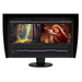 Eizo ColorEdge CG2700X 27 inch Monitor in black shown from the front with its monitor hood. On the screen, design software is being used for video editing.